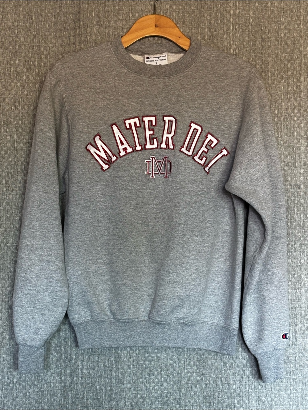 Champion Gray Crewneck Sweatshirt with 'Mater Dei' Appliqué
